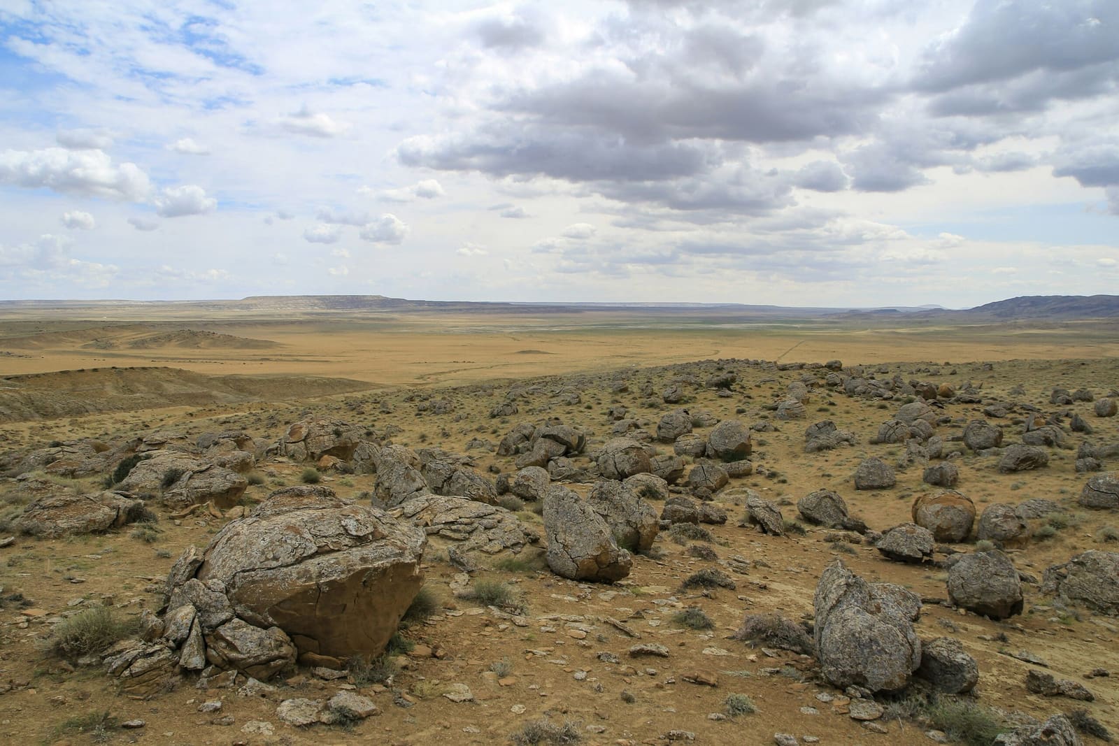 Rocky steppe running unbroken to a distant horizon in Central Asia