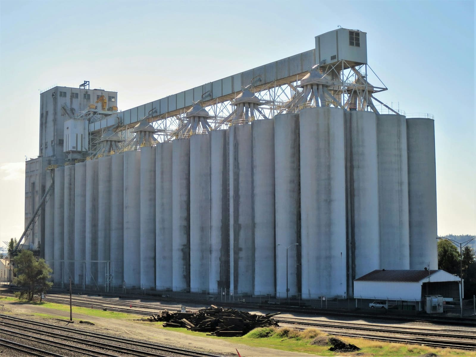 A grain elevator complex standing alongside rail tracks