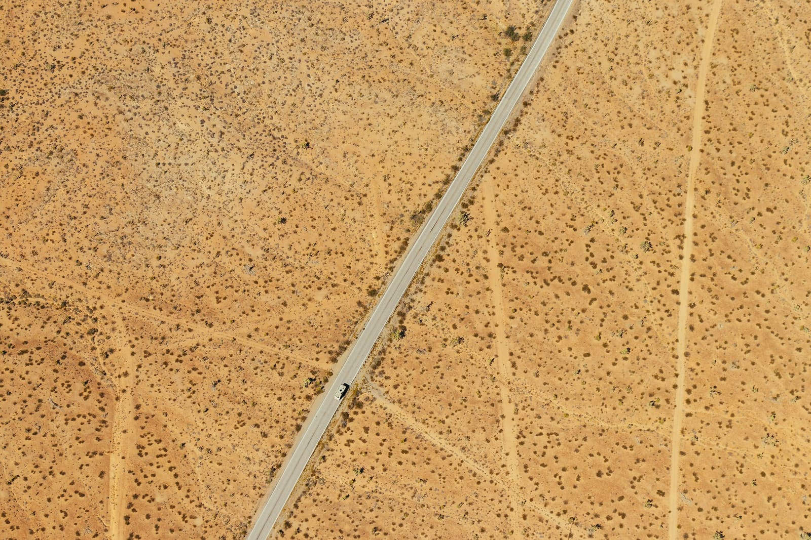 A road seen from directly above, cutting a single line across open plain